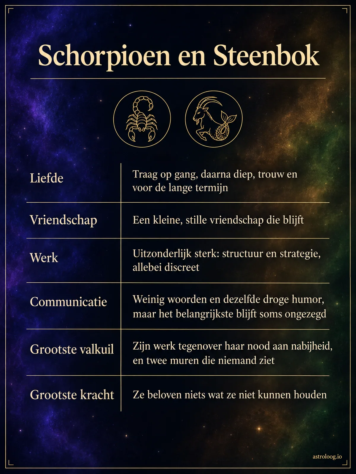 Infographic van de match Schorpioen en Steenbok: water en aarde, vast teken en hoofdteken, Pluto en Saturnus, met de beoordeling van liefde, vriendschap, werk en communicatie en de grootste valkuil en kracht