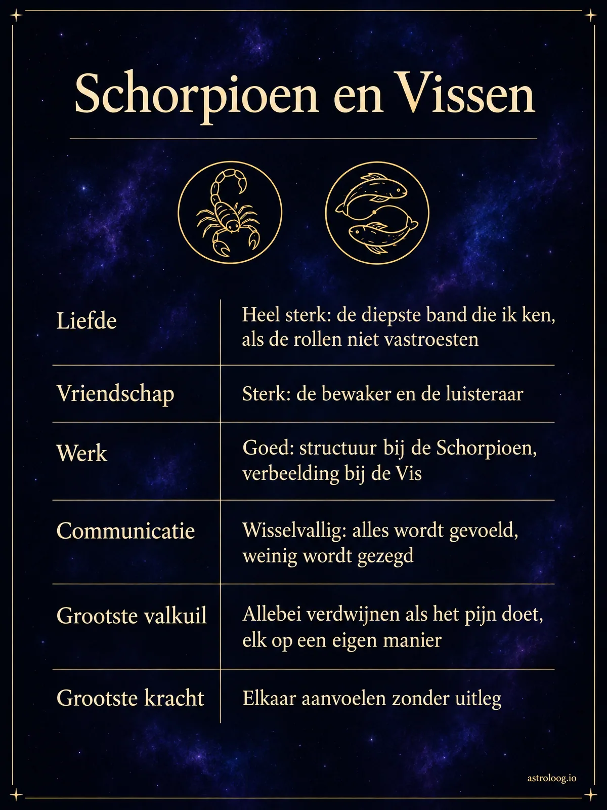 Infographic van de match Schorpioen en Vissen met scores voor liefde, vriendschap, werk en communicatie, plus de grootste valkuil en de grootste kracht