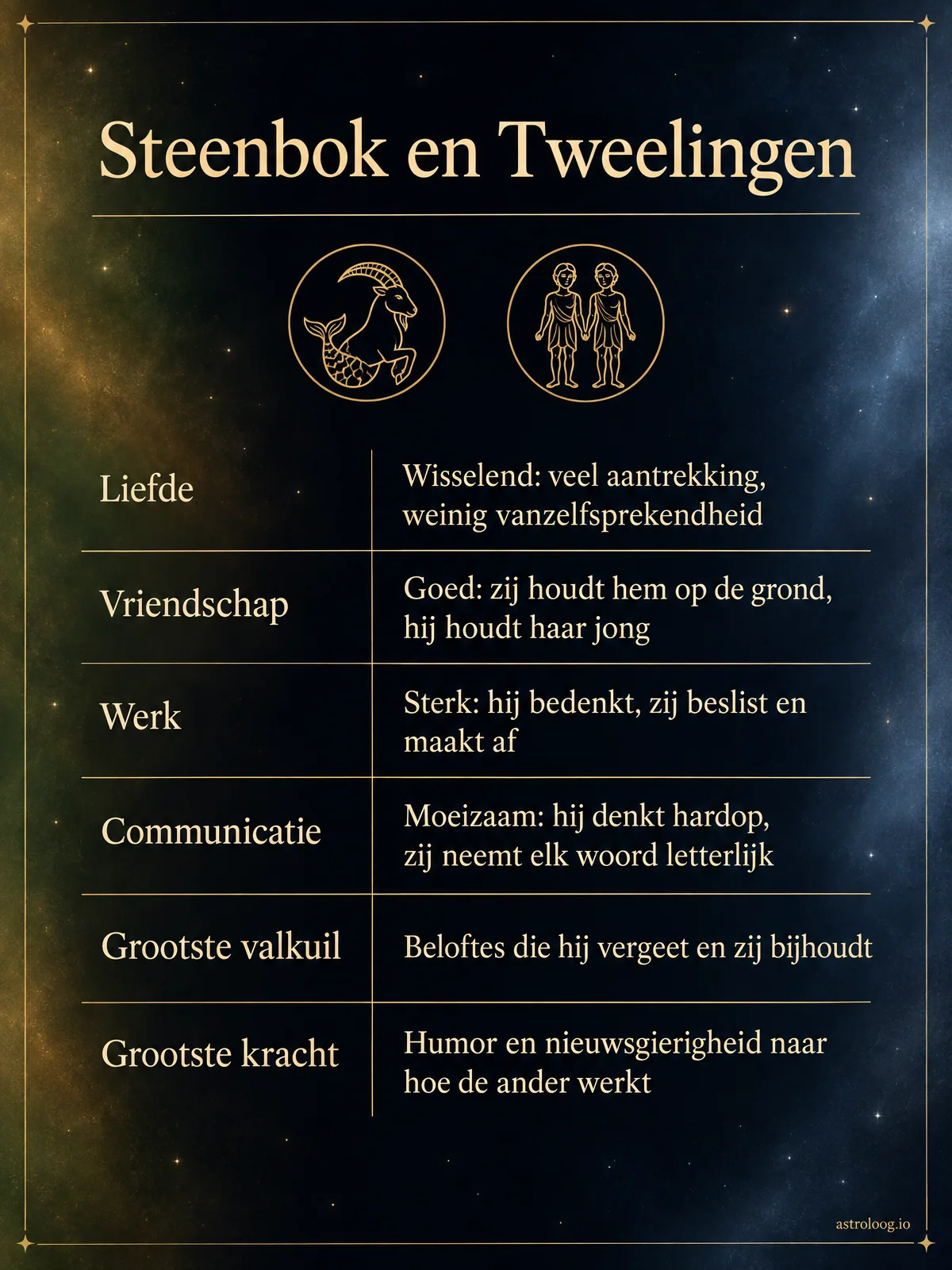 Infographic van de match Steenbok en Tweelingen met scores voor liefde, vriendschap, werk en communicatie, en de grootste valkuil en kracht van dit koppel