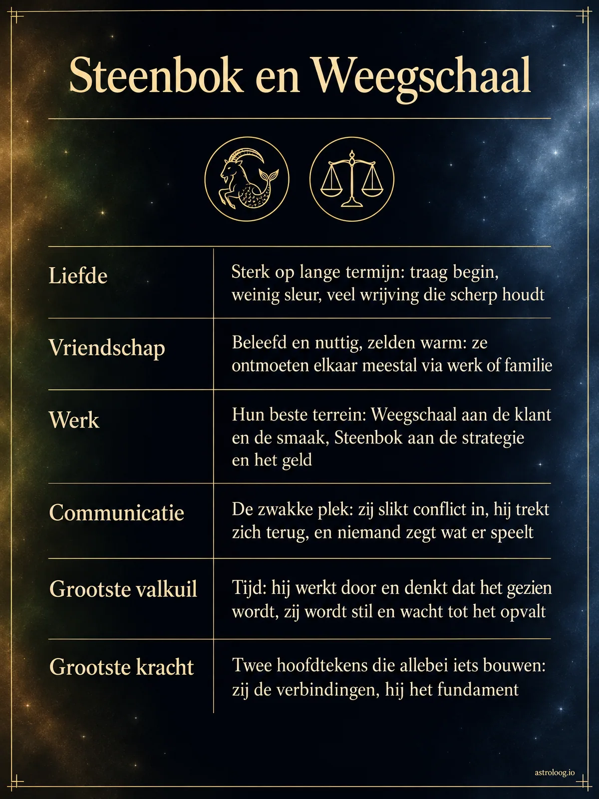 Infographic van de match Steenbok en Weegschaal met de scores voor liefde, vriendschap, werk en communicatie, plus de grootste valkuil en de grootste kracht
