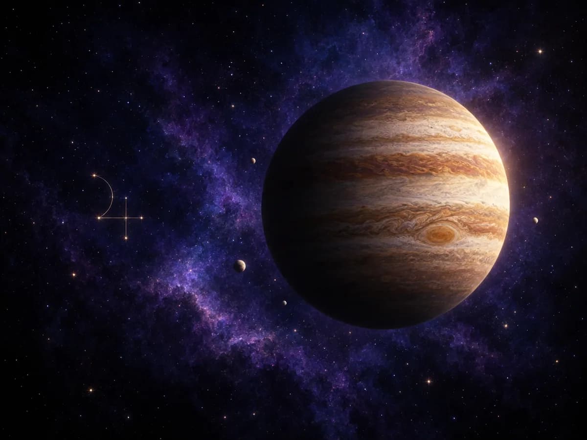 Jupiter met zijn bruine en witte wolkenbanden en de Grote Rode Vlek tegen een donkere sterrenhemel