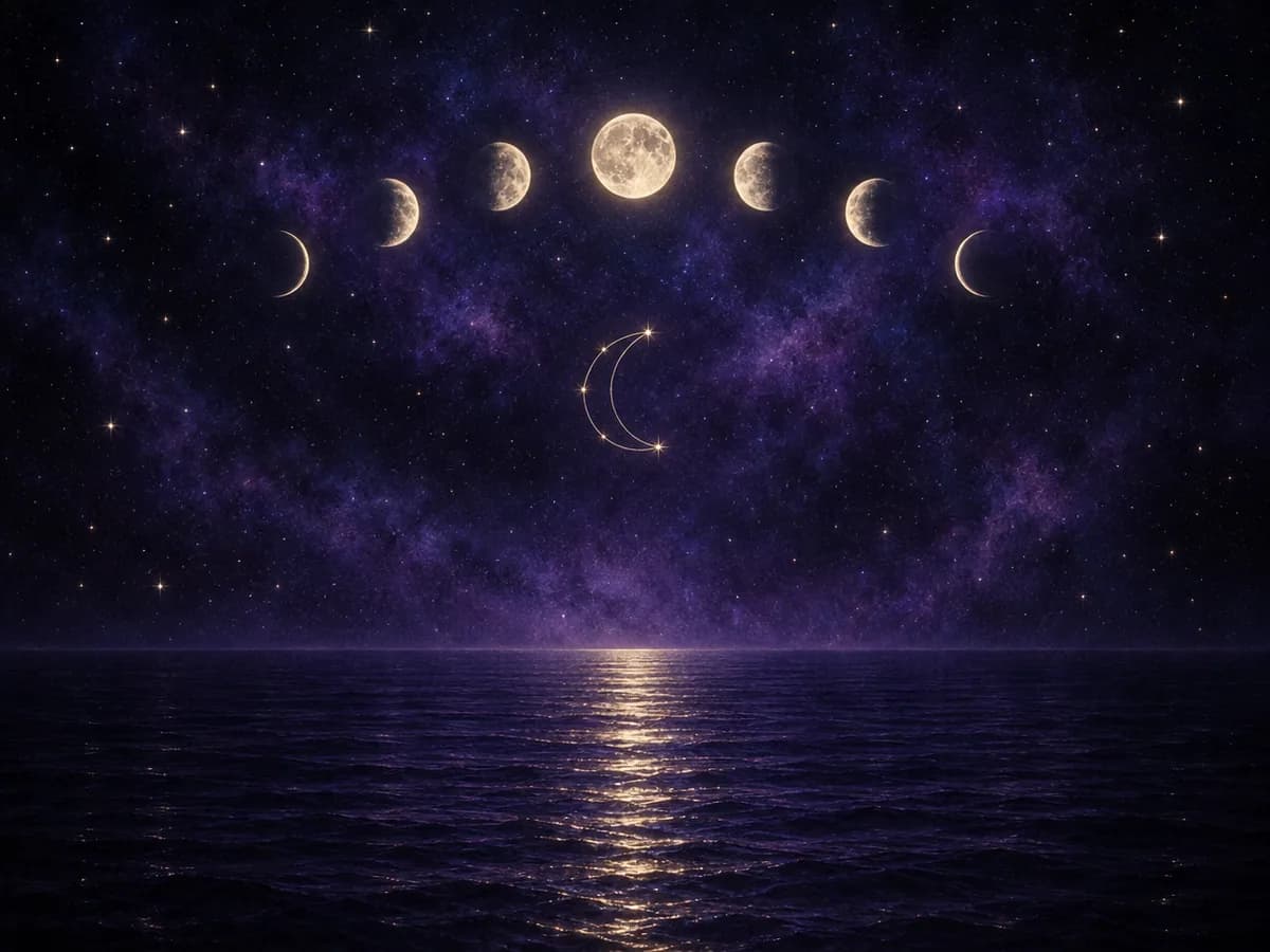 Een wassende maan in zilver en indigo boven een stille zee, met een fijn net van sterren, het symbool van de Maan in de astrologie