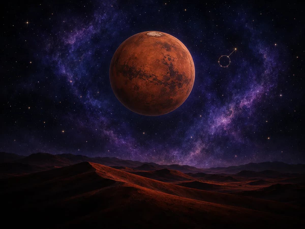 De rode planeet Mars met zijn stoffige oppervlak en poolkap tegen een diepe sterrenhemel