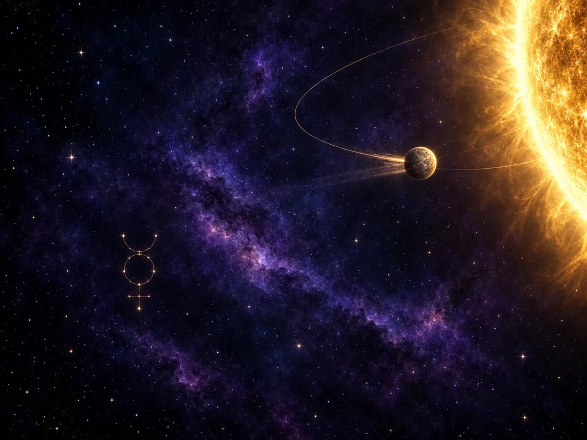 Een kleine, snelle planeet in zilver en lichtblauw, met een spoor van fijne lijnen langs een sterrenhemel, het symbool van Mercurius in de astrologie