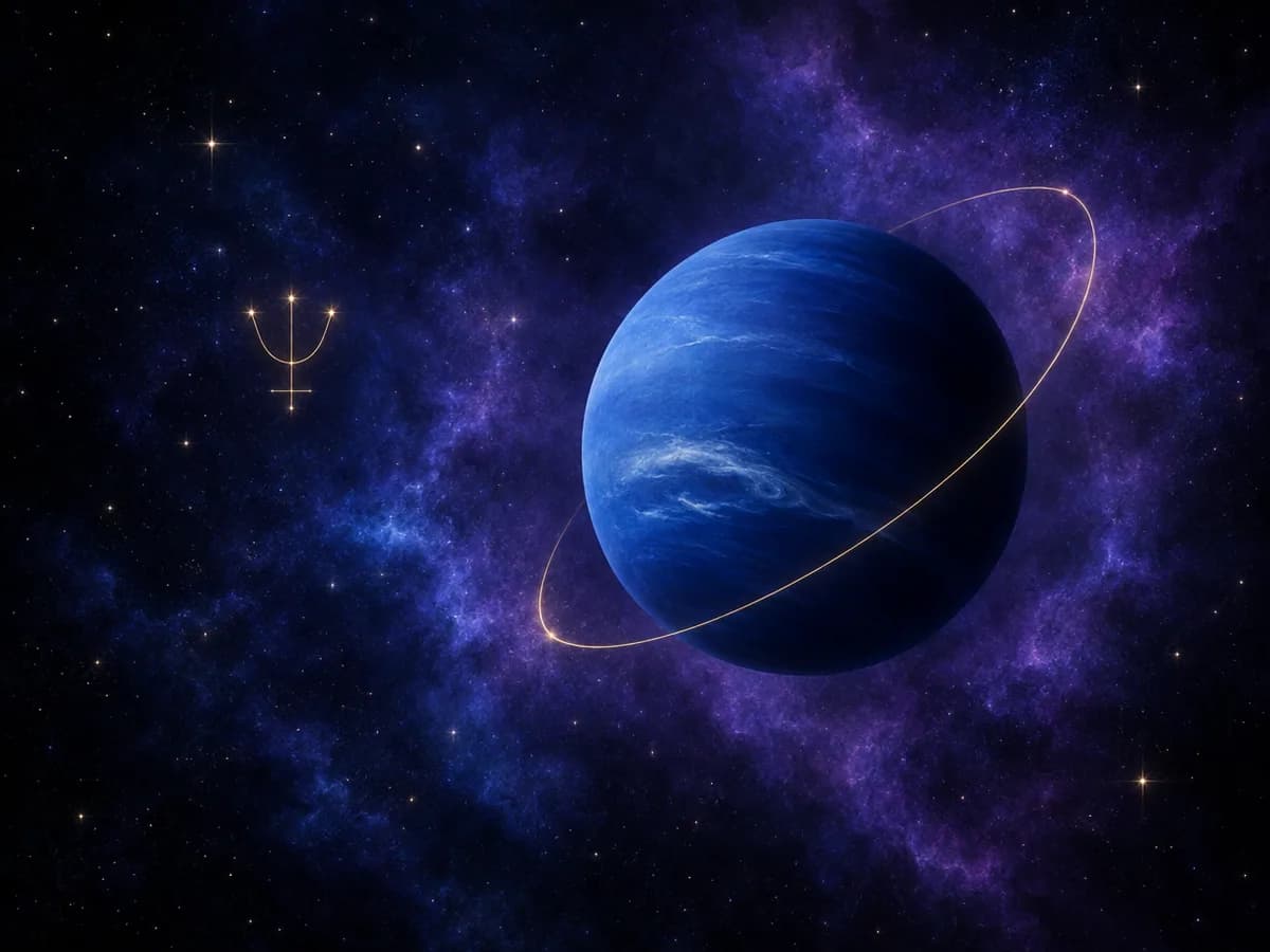Neptunus als diepblauwe bol met een paar witte wolkenslierten, wazig oplichtend tegen het zwart van de ruimte