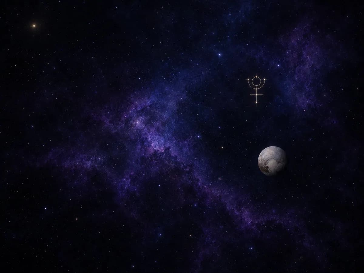 Pluto als kleine, bleke bol met een hartvormige ijsvlakte, ver van de Zon in een bijna zwarte ruimte