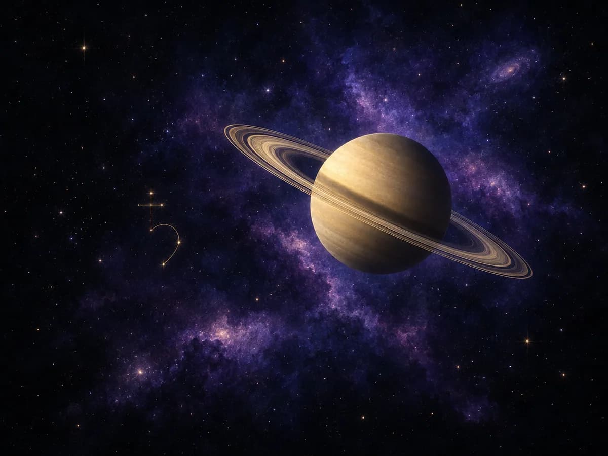 Saturnus met zijn ringen scherp afgetekend tegen een diepe sterrenhemel