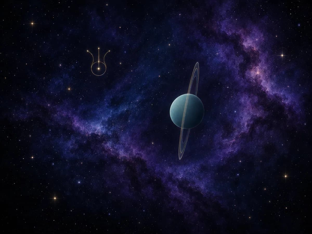 Uranus als lichtblauwe, bijna gladde bol met een dunne ring, gekanteld tegen een zwarte sterrenhemel