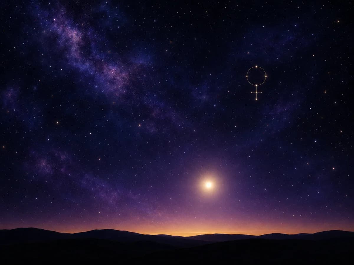 Venus als heldere avondster in brons, mosgroen en zilver boven een schemerende horizon, het symbool van Venus in de astrologie