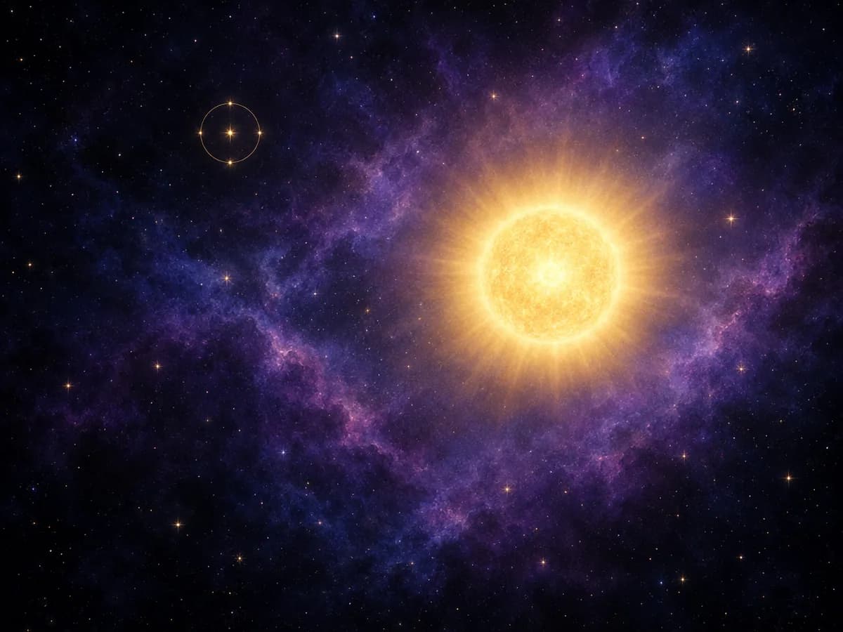 De Zon als gouden schijf met stralen van fijne lijnen tegen een diepe sterrenhemel, het symbool van de Zon in de astrologie